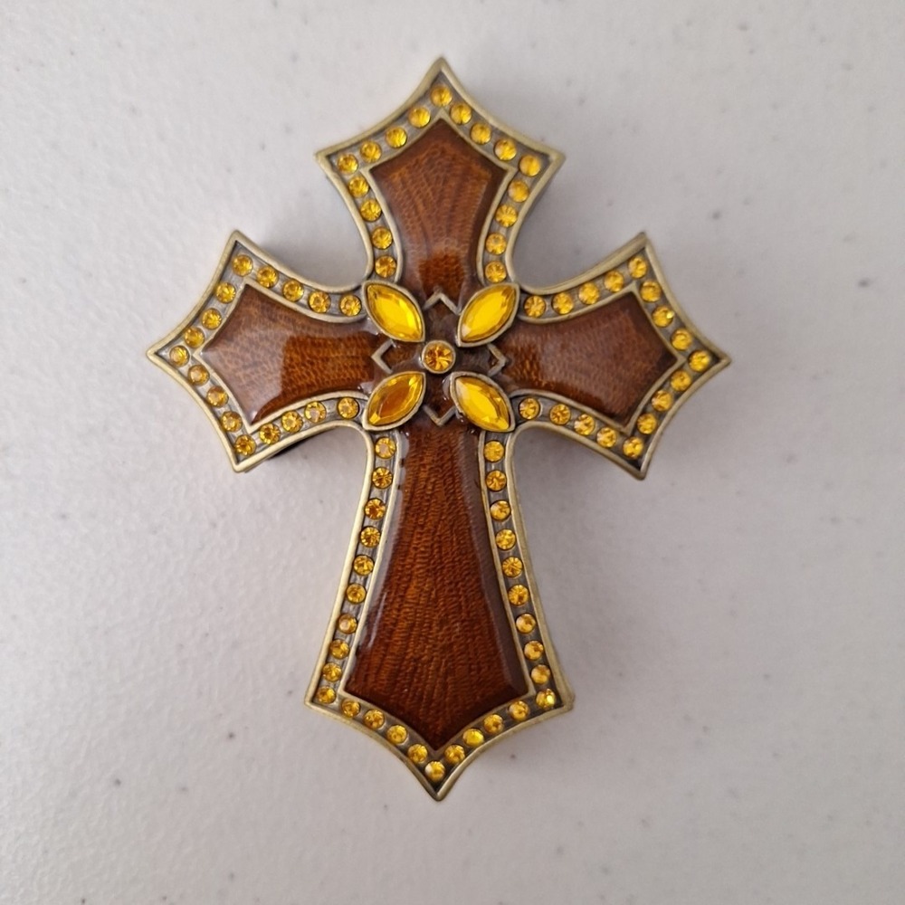 Vintage Ornate Brass Enamel Jeweled Trinket Box Cross 4.5" Beautiful‎